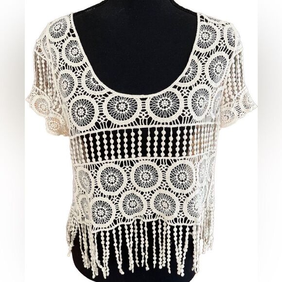 Anthropologie Dulcie cotton ivory crochet top with fringe - Picture 1 of 6